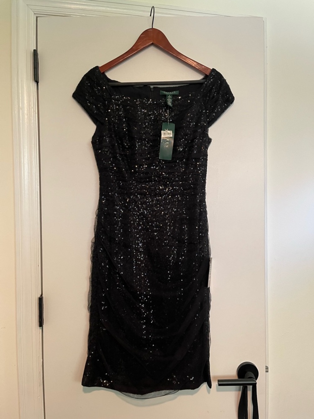 Ralph Lauren Black Sequin Midi Dress with Cap Sleeves